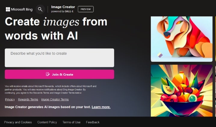 Bing Image Creator generator website.